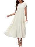 Adigaber Damen Langes Kleid Sommer Plissee Casual Rundhalsausschnitt Einzigartig Kleid mit Taschen