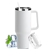 LOITTAINUE 40oz Thermobecher mit Strohhalm und Henkel, 1180ml Kaffeebecher To Go mit Deckel, Doppelwandiger Edelstahl Vakuum Isolierbecher Tragbare Autobecher für Kalte Heiße Getränke (Weiß)