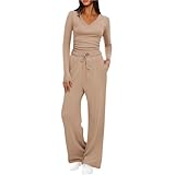 NSICBMNO Co Ords Sets für Damen, 2-teiliges Outfit, Fitnessstudio-Set, langärmelig, bauchfrei, V-Ausschnitt, T-Shirts, ausgestellte Hose, weites Bein, Reise-Outfits, Flughafen-Set, Jogginganzüge