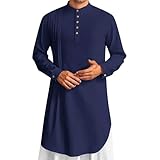 Tobysper Herren Baumwolle Leinenhemd Muslimische Kleider Langarm Hemd Stehkragen Strandhemd Afghanische Arabische Kleidung Mit Knöpfen Freizeithemd Einfarbig Hoch Thobe Henley Shirts