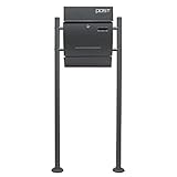Wiltec Set Designer Briefkasten V4 Anthrazit 350 x 95 x 445 mm mit Ständer, Wandbriefkasten mit Schloss, Sichtschlitz, Namensschild und Zeitungsrolle, Postkasten aus pulverbeschichtetem Stahl