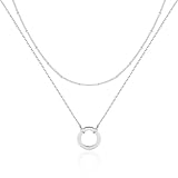 Silber 925 Halskette für Damen, Kette Layered Damen Halskette mit Runder Anhänger Mehrschichtige Silber Halskette Hypoallergene Personalisierte Kette Silber Modeschmuck für Frauen und Mädchen