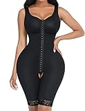 FeelinGirl Shapewear Damen Bauchweg Full Body Shaper mit 3 Haken Verstellbar Miederbody Stark Formend Ganzkörper Schenkel Schlankmacher Po Push Up Überbrust Schwarz L
