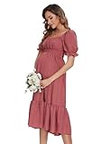 KOJOOIN Damen Umstandskleid Kurzarm Schwangerschaftskleid Midi Hohe Taille Stillkleid Mit Rüschen Ziegelrot(Kurzarm) M