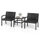 COSTWAY 3tlg. Rattan Gartenmöbel Set, wetterfestes Balkonmöbel aus PP, Balkonset inkl. 2 Stühle mit Tisch, Terrassenmöbel, Gartenset, Sitzgruppe für Balkon, Terrasse, Garten (Schwarz)