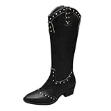 Generisch Retro Mid Calf Stiefel Silber Schuhe Damen Sneaker,Damen Frühling Winter High Top Western Cowboystiefel,Einfarbig Dicker Absatz Vielseitige,Wadenstiefel Damenstiefel