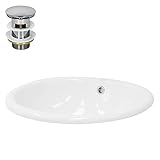 LuxeBath Waschbecken aus Keramik Weiß glänzend 490x405x195 mm oval mit Ablaufgarnitur Silber, Einbauwaschbecken mit Überlauf, Aufsatzwaschbecken Einbauwaschtisch Waschschale Waschplatz Handwaschbecken