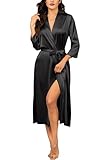 Ekouaer Leicht Bademantel Morgenmantel Damen Satin Lang Brautjungfern-Hochzeitsfeier Seidenroben Nachtwäsche mit Taschen Kimono, Schwarz, S