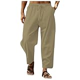 Hose aus Baumwolle und Leinen, für Herren, leicht, für den Sommer, Jogginghose, Herren, breite Hose, elastischer Bund, mit Taschen, Kordelzug, atmungsaktiv, lässig, Strand, Urlaub Sommer