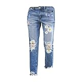 Damen-Jeans mit geradem Bein und verwaschenem -Jeans im Distressed-Saum Graue Jeans Stretch Damen Jeans Skinny Löcher (Red, S)