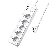 JSVER 5 Fach Steckdosenleiste mit Individuellem Schalter,Mehrfachsteckdose mit 2 USB A und 2 USB C(17W),Steckdosenleiste mit USB Schreibtisch mit 2M Verlängerungskabel für Smartphones, Laptop -Weiß