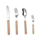 UTHCLO 4 Stück Retro Besteck Set mit Holzgriff Edelstahl Besteckset mit Gabeln Messer und Löffel Ergonomisch Leicht Geschirrspülergeeignet Stilvolles Küchen Geschenkset
