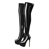 blingqueen Damen Plateau Stiefel Stretch Overknee Boots Stiletto Lack Schwarz 38 EU