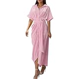 Damenkleid für Lehrer, mittellang, Knopfleiste, Business-Kleid, Sommer, Urlaub, Knopfleiste, Schnürung, kurzärmelig, 2025, T-Shirtkleid, lang, einfarbig, trendig, Frühling, Arbeit, Freizeit, Strand,