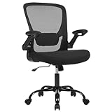SONGMICS Bürostuhl, Schreibtischstuhl, Drehstuhl mit Netzbespannung, ergonomisch, gepolsterte Lendenstütze, Wippfunktion, 53 cm große Sitzfläche, klappbare Armlehnen, schwarz OBN37BK
