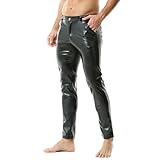 QiaTi Herren Kunstlederhosen Casual Stretch PU Leder Schwarz Straight Leg Slim Fit Hose Motorrad Nacht Club Lange Hose