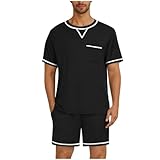Flodxo Schlafanzug für Herren, Shorts, Pyjama-Set, Rundhalsausschnitt, Loungewear, kurzärmelig, 2-teiliges Set, lustige T-Shirts und kurze Hose mit Taschen, Nachtwäsche, Hauskleidung, Anzüge, Schwarz