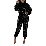 Frauen Herbst und Winter Pailletten Kleiner Duft Freizeit Sport Langer Pullover Bleistifthose Atemschutz Zweiteiliger Anzug Skioverall Damen (Black, XL)