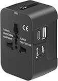 HAUSPROFI Reiseadapter Weltweit, Reisestecker mit 1 USB A und 1 USB C, Universal Adapter, Travel Adapter Worldwide, Internationale Netzadapter für USA UK EU Australien