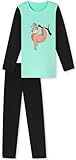 In One Clothing - Mädchen Schlafanzug lang, weicher Single-Jersey aus 100% Baumwolle - mit Motiv Faultier mit Kopfhörer in türkis Grösse 164