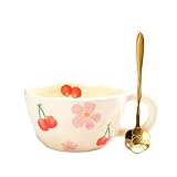 Keramik Teetasse, Geschenk für Frauen, Kawaii Kaffeetasse,Handgemachte becher, Kreative Blume Tasse mit Löffel, Ästhetische Tassen für Milch, Kakao, 250ml Tasse Weihnachten Geschenk