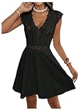 SweatyRocks Damen Kleid Elegant A Linien Kleid mit Rüschen Spitzenkleid Kurzes Partykleid Freizeitkleid mit V Ausschnitt Schwarz M
