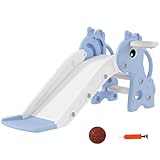 AIYAPLAY Kinderrutsche, 3 in 1, Kleinkinderrutsche mit Basketballkorb, Rutsche mit Basketball für Kinder 1 bis 3 Jahre, Indoor, Blau 106 x 51,5 x 52 cm