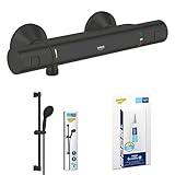 GROHE Precision, Duschset mit Duscharmatur, Brausestangenset und Kleber, wassersparend (Verbrühschutz bei 38°C, 2 Strahlarten, 60cm Duschstange, ohne Bohren), matt schwarz, 345942430, 279482431