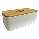 Brotkasten ALVA PRO Brotaufbewahrung aus Metall in Creme Farbe mit Bambus Deckel - Maße (L/B/H): 33,5 x 18,5 x 12,5 cm - Brotbox
