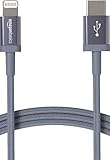 Amazon Basics - USB-C-auf-Lightning-Kabel, geflochtenes Nylon, MFi-zertifiziertes Ladekabel für iPhone 13/12/11/X/XS/XR/8, Dunkelgrau, 0.9 m, mit Smartphone