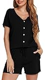 Vlazom Damen Schlafanzug Kurzarm Pyjama Set mit Knöpfe V-Ausschnitt Sleepwear Sommer Nachtwäsche(M,Stil B-Schwarz)