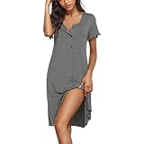 flintronic Nachthemd Damen, Schlafshirt Kurzarm, Kurz Sleepshirt, Knopfleiste Nachtwäsche, Sommer Nachtwäsche, Grau, XL