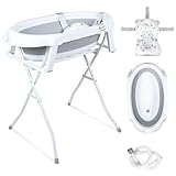 Eikuavons Babywanne mit Gestell Grau, platzsparende Babybadewanne mit Ständer, Badewannensitz & Ablaufschlauch, farbwechselnder Wasserstopfen, sichere Baby Badewanne für Neugeborene 0–3 Monate