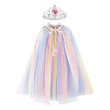SEFIRST Prinzessin Umhang Kinder Mädchen, Prinzessin Kostüm mit Krone, Halloween Kostüm Umhang, Tüll Glitzer Pailletten Prinzessinnen Cape, Verkleidung für Karneval Cosplay Party (Bunt, 75cm)