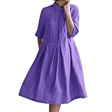 Hemdkleid Damen Elegant 3/4 Ärmel Hemdblusenkleid Casual Rundhals Kleid Swing Kleide Knielang Sommer Einfarbig Blusenkleid Revers A-Linie Strandkleid Locker Luftig Midikleid Mit Knöpfen