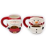 damaloo 2er Set Weihnachtstassen mit Keksfach - 3D Weihnachtstasse 380ml & Henkel Keramik – Nikolaus Becher Kinder & Erwachsene – Teetasse Kakao, Glühwein-Becher Kinderpunsch, Kaffeetasse