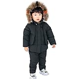 LSHDCER Daunenjacke für Kinder, Winterkostüm, 2-teilig, Daunenjacke mit Kapuze + Hosenträger, Schneeanzug für Jungen und Mädchen, Schwarz , für Kinder von 3-4 Jahren