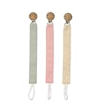 Moguri 3 Stück Schnullerkette Stoff Set, Schnullerband aus Baumwolle mit Holzclip für Jungen und Mädchen, Dummy Chain für Baby mit Beißring, Schnullerketten für Mam Schnuller(Rosa, Beige, Grün)