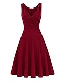 KOJOOIN Damen Kleider Vintage V-Ausschnitt Cocktailkleid Ärmellos Knielang Retro Faltenrock Weinrot M