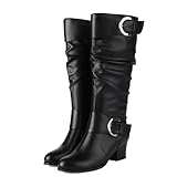 Voviggiw Damen Weiter Schaft Knielange Schlaffer Schaft Stiefel Runde Spitze Schnallenriemen Reitstiefel Block Mittelhoher Absatz Knielange Stiefel Seitenreißverschluss Schwarz Größenangabe 39
