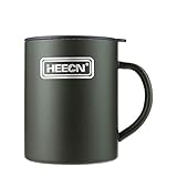 HEECN® Campingbecher - Doppelwandiger Edelstahlbecher für Heißgetränke mit Deckel - Armeegrün - Rucksackreisen – Trekking – Wandern - HESS-038BG 450ml Mit Push-Trinkdeckel
