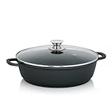 Kela Aluguss Schmorpfanne 32 cm hoher Rand KERROS, Induktion Servierpfanne beschichtet mit Deckel, Paella Pfanne, schwarz