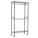 Amazon Basics Doppel-Kleiderstange Offen mit Rädern und Höhenverstellbaren Regalen - Maximalgewicht 181 kg, Schwarz, 91.0 x 35.5 x 183.0 cm (L x W x H)