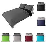 BaSaTex Bio Renforcé Bettwäsche und Kissenbezug | 100% Bio-Baumwolle | Reißverschluss | 135x200 + 80x80 cm |Uni Schwarz/Anthrazit-Stahlgrau