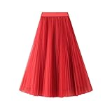 Dninmim Einfarbiger Faltenrock für Damen, Tüllrock, Sommer, hohe Taille, A-Linie, Netz-Tutu-Rock, rot, Einheitsgröße