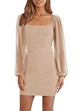 Wenrine Damen Kleider Party Cocktail Club Bodycon Kleid Hochzeitsgast Mesh Langarm Square Neck Minikleid Slim Fit(Hell Khaki,S)