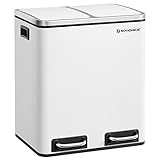 SONGMICS Mülleimer Küche, 2 x 15 Liter, Mülltrennsystem 2 Fächer, Abfalleimer, Treteimer, für gelben Sack, Biomüll, Inneneimer, Softclose-Deckel, Stahl, wolkenweiß LTB30WT