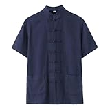 Caxndycing Leinenhemd Herren Kurzarm Baumwolle Leinen Stehkragenhemd Lose Herrenhemden Fashion Hemden Vintage Traditionelle Tang Anzug Strand Hawaii Hemd Sommer Einfarbig Strandhemd