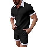 Duohropke Trainingsanzug für Herren Sommer Sportanzug 2 Teiliges Lässig Knopfleiste Kurzärmelig Shirt und Short Hose Stretch Sportstyle Leicht Mode Leinen Set