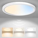 ALUSSO LED Deckenleuchte mit Radar Bewegungssensor, 18W Deckenlampe 3CCT 3000K 4000K 6500K 1600LM, IP44 Wasserdichte Badezimmer Lampe Flach für Wohnzimmer Schlafzimmer Küche Flur Garage, Rund Ø22cm